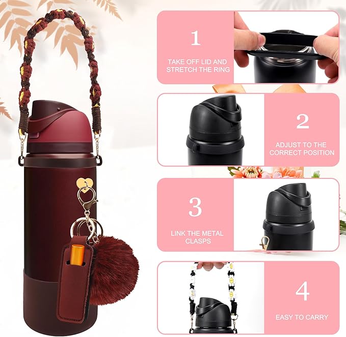 Compatible for Owala Accessories Bundle: Silicone Boot for 24oz & 32oz Bottles, Charms, Handle, Strap, Rubber Bottoms, and Decorative Add-ons for Your Compatible for Owala Water Bottle, Black Cherry