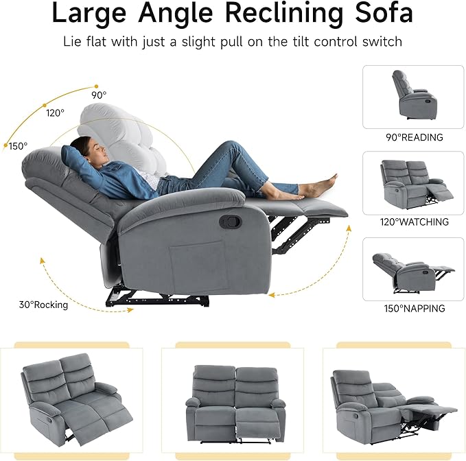 Loveseat Recliner Sofa Couch, Velvet 2-Seater Reclining Sofa for RV, Double Seater Wall Hugger Recliner Chair for Living Room, Home Theater Seating, Dark Grey
