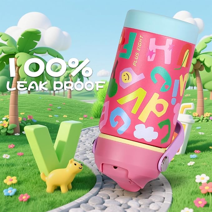 Kids Insulated Water Bottle with Straw Lid, 12 oz BPA-FREE Double Wall Vacuum Tumbler 18/8 Stainless Steel Leak Proof Kids Cups with Straw for School Travel Boys Girls (Pink Letters)