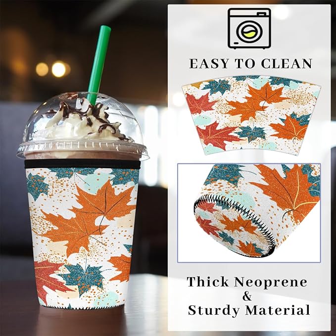 Colored Fall Maple Leaves Iced Coffee Sleeve for Cold Drink Cups, Reusable Neoprene Insulated Drink Sleeves Cup Cover for Beverages, Fits 22-24 oz