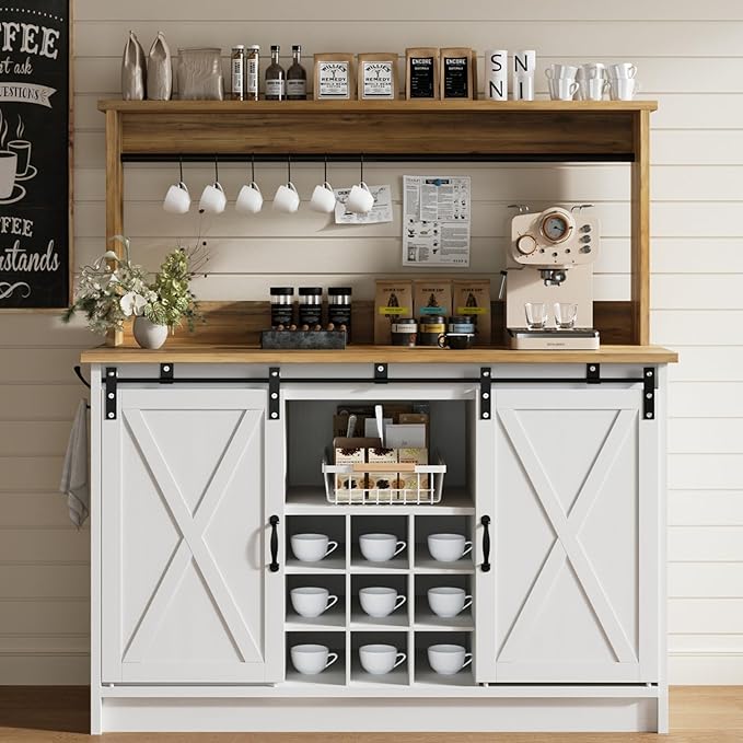 4ever2buy Farmhouse Coffee Bar Cabinet with Hutch, 47 Inch Buffet Cabinet with Storage, White Wine Bar with 9 Wine Racks and 6 Hooks, Coffee Bar Table with Adjustable Shelves for Living Dining Room
