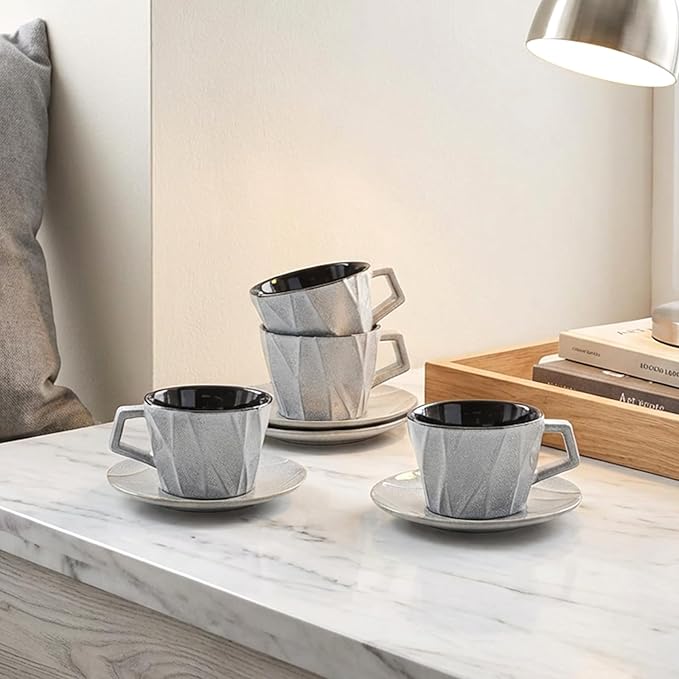 MyBudsBuzz Ceramic Espresso Cups with Saucers 6 oz,Coffe Cups for Cappuccino,Latte,Tea with Saucers Set of 2 - Geometry - Gray