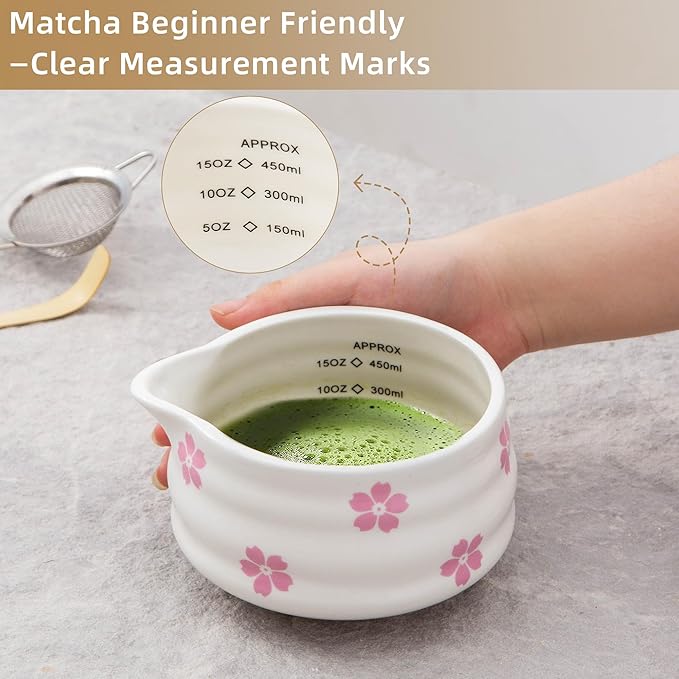 5pcs Premium Matcha Set,Ceramic Bowl with Spout and Bamboo Whisk set, Ceremonical Matcha Kit for breakfast/latte,Tea Starter Making Kit,Unique Matcha Gift set (sakura)