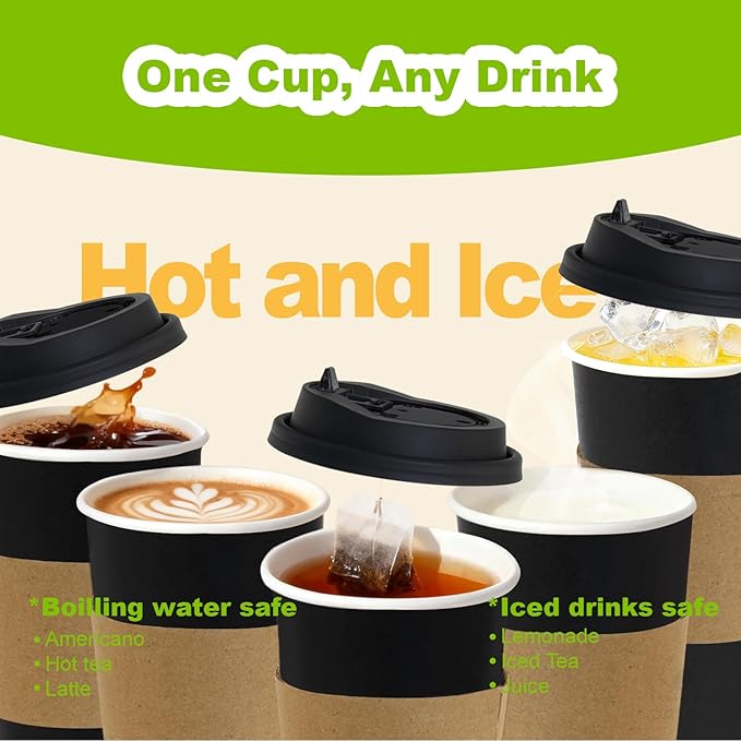 12 oz PLA Black Eco Friendly Cups 100 Packs Sustainable Plant Based Leak Resistant for Cafes Offices Events