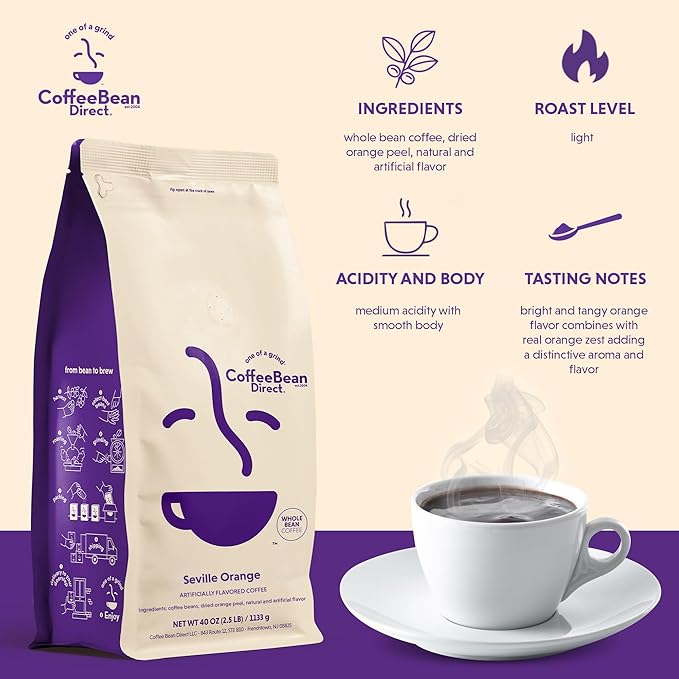 Coffee Bean Direct Seville Orange Flavored, Whole Bean Coffee, Zesty & Vibrant, Light Roast, 2.5 Pound Bag (Pack of 1)