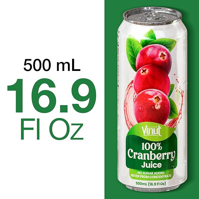 VINUT 100% Cranberry Juice, No Added Sugar, Not From Concentrate, 16.9 fl oz (500 mL) Can, Pack of 12