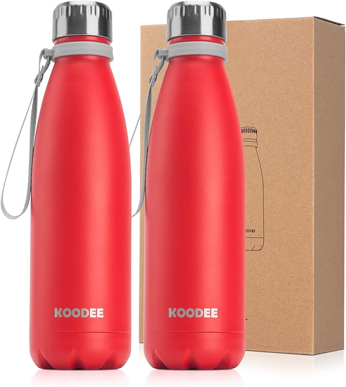 koodee Insulated Water Bottle-2 Pack Stainless Steel Double Wall Vacuum Leak Proof Cola Shape Sports Water Bottle Keeps Hot & Cold, BPA Free (2 Pack Canyon Red)