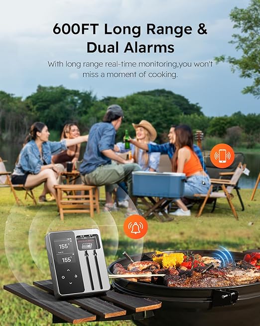 AYMDKI Wireless Meat Thermometer with App Control, 600FT Bluetooth Range, 2 Probes & 6 Sensors, 0.5S Instant Read, LCD Display, IP67 Waterproof Real-Time Monitoring & Smart Alerts for BBQ, Grill, Oven