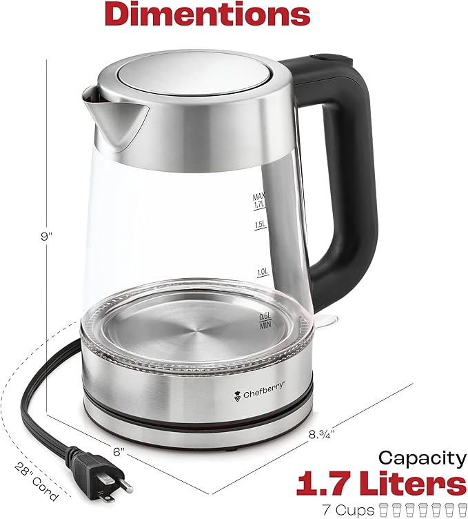 Electric Kettle for Boiling Hot Tea & Water | 1.7L Stainless Steel Borosilicate Glass Boiler With No Plastic, Automatic Shutoff, BPA Free, Fast Heating Technology (Black)