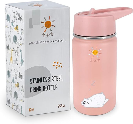 B&B Kids Stainless Steel Water Bottle with Straw Kids Insulated Water for School, Trip & Travel,Water Bottles for Boys Girls Reusable Double Wall Vacuum Leak Proof BPA Free