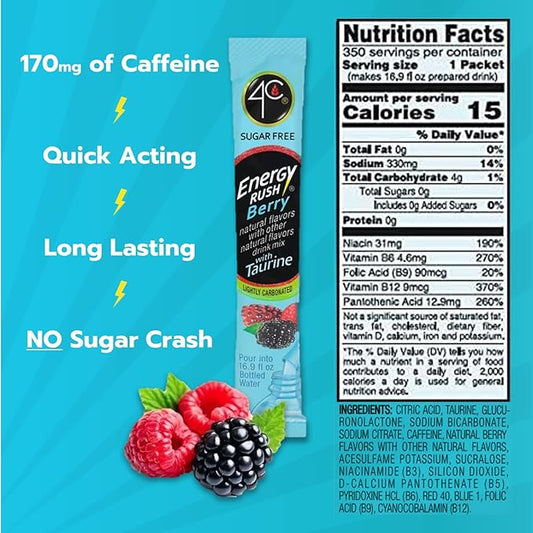 4C Powder Energy Rush Stix, Energy Rush - Berry 350 Count, Bulk Buy, Singles Stix, On the Go, Refreshing Water Flavorings, Value Pack