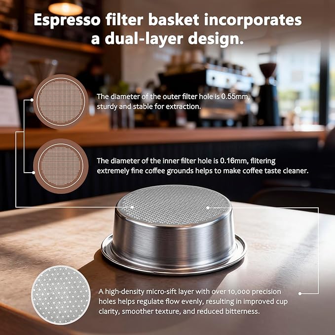 Espresso Accessories, 58mm Bottomless Portafilter with Detachable Double Spout, Dual-Layer Micro-Sift Basket (718 Holes), Walnut Wood Handle, Fits E61 Group Head Espresso Machines