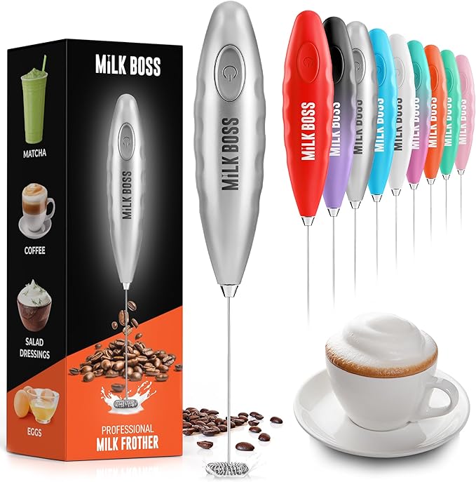 Milk Boss Matcha Whisk - Handheld Electric Stirrer - Frother Wand & Drink Mixer - Durable Stainless Steel Blender - Silver Comfortable Grip