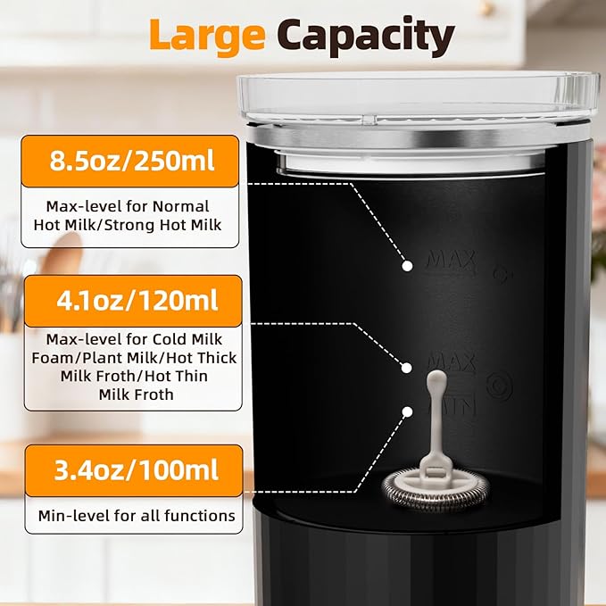 Milk Frother, 6-in-1 Electric Milk Steamer, 8.5oz/250ml Automatic Warm and Cold Foam Maker and Milk Warmer for Latte, Cappuccinos, Macchiato, From the Makers of Instant 400W, Black