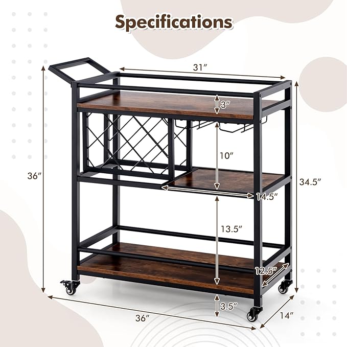 Giantex Bar Cart, 3 Tier Serving Cart for Home, 8 Wine Bottles Rack, Glass Holder, Industrial Mobile Kitchen Cart with Lockable Wheels and Handle, Storage Shelves for Drink Beverage