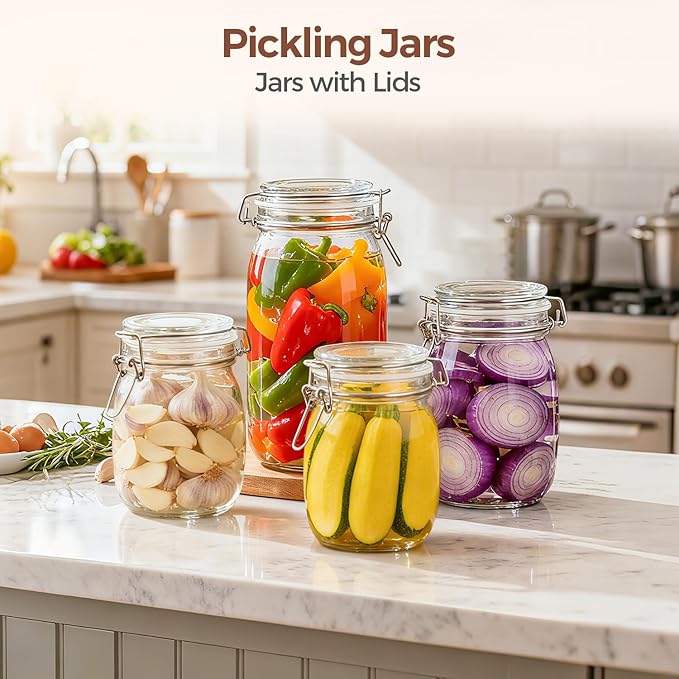 ComSaf Large Glass Jars with Airtight Lid Half Gallon, 64 OZ Mason Jars Set of 3, Glass Canisters with Airtight Lids, 0.5 Gallon Canning Jar with Seal Wire Clip Fastening for Kitchen, Pickle