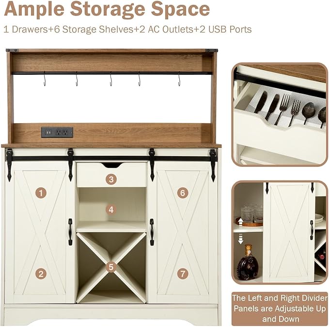 Wnutrees Farmhouse Coffee Bar Cabinet with Charging Station and USB Ports, Sliding Barn Door, 39" Kitchen Hutch Sideboard Buffet Storage Cabinet, Fits Kitchen Dining Living Room, White