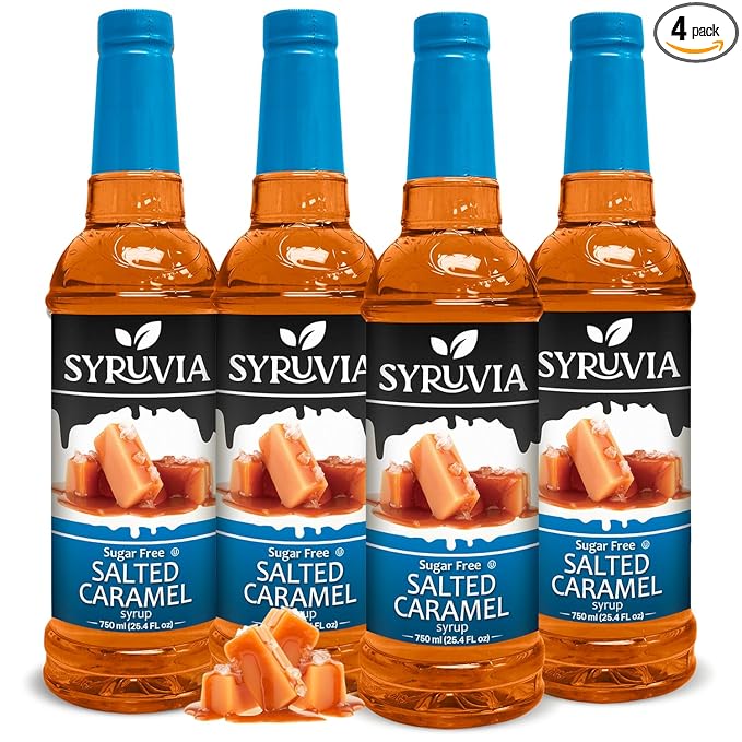 Syruvia 4 Pack Sugar-Free Salted Caramel Coffee Syrup – 25.4 fl oz - Syrup for Coffee, Lattes, Shakes, Smoothies, Desserts – 100% Vegan, Gluten Free, Kosher – No-Calorie Coffee Syrup