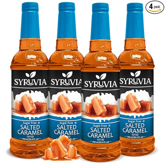 Syruvia 4 Pack Sugar-Free Salted Caramel Coffee Syrup – 25.4 fl oz - Syrup for Coffee, Lattes, Shakes, Smoothies, Desserts – 100% Vegan, Gluten Free, Kosher – No-Calorie Coffee Syrup