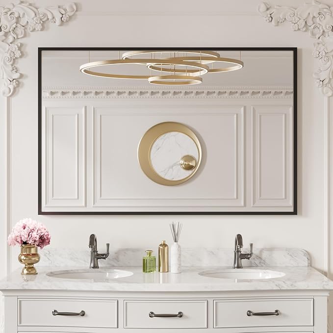 LOAAO 40"X30" Black Rectangle Bathroom Mirror Wall, Matte Black Aluminum Alloy Frame, Tempered Glass, Hangs Vertically or Horizontally, Easy to Install