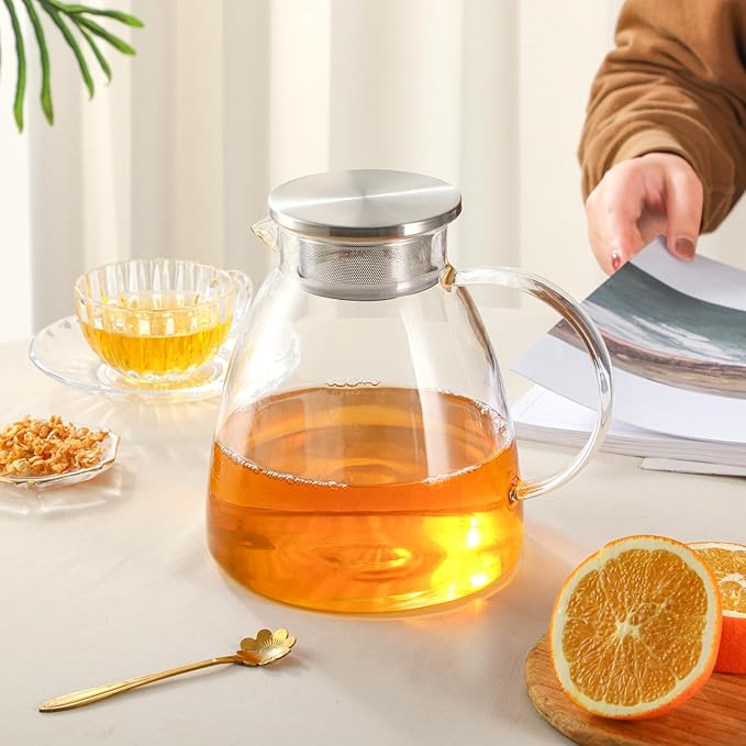 GURUDAR 68OZ/2000ML One Touch Glass Teapot with Stainless Steel Filter Lid, Stovetop & Microwave Safe Tea Maker Water Kettle, Strainer & Cover 2 in 1 Loose Leaf Tea Steeper Pot Coffee Carafe
