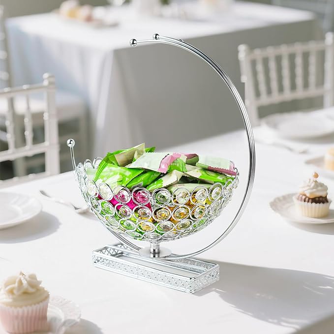 Metal & Crystal Coffee Pod Holder & Candy Basket - Elegant Multipurpose Storage Organizer for K Cups, Espresso Pods, Treats - Kitchen, Office, Home Bar (Silver, 1 PC)