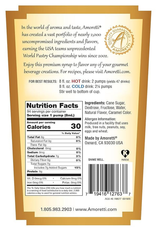 Amoretti - French Vanilla Gourmet Syrup 750 ml, Flavor Coffees, Teas, Cocktails, & other Beverages, and Drizzle on Desserts, Gluten Free, GMO/GEO Free, Preservative Free, 94 Servings Per Bottle