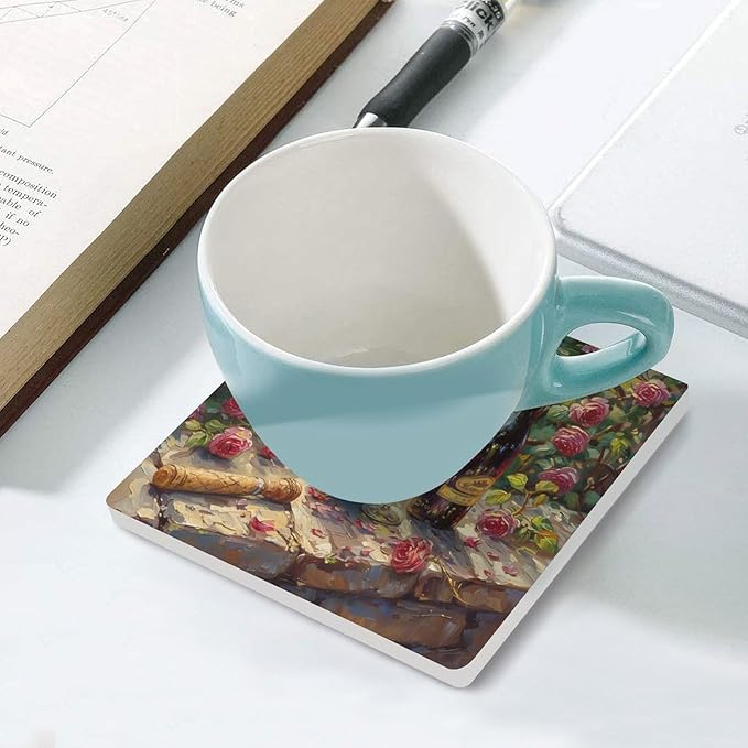 Square-6PCS Red Wine Ceramic Coasters, Square Absorbent Drink Coasters, Oil Painting Style Red Wine Floral Rose Flower Pattern Ceramic Table Coasters for Coffee, Beverage, Wine, Beer Coasters