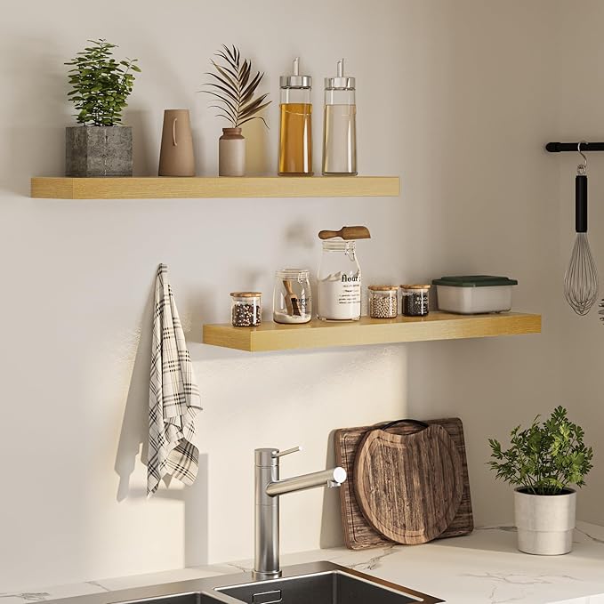Floating Shelves for Wall, 36" W x 8" D x 1.5" H, Wooden Wall Mounted Display Shelves with Invisible Brackets for Living Room, Bedroom, Bathroom, Kitchen Decor and Storage, Set of 2, Oak