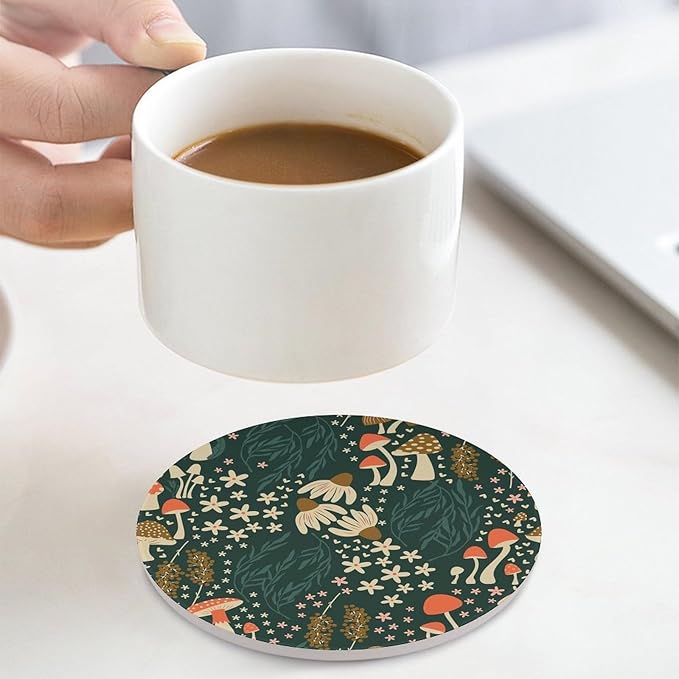 Round-4PCS Botanical Drink Coasters, Round Modern Ceramic Absorbent Coasters, Cartoon Green Botanical Floral Leaves Mushroom Plant Decor Desk Coffee Table Coaster for Beverage Cup Tea Coasters