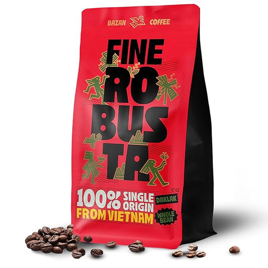 BAZAN COFFEE Vietnamese Fine Robusta Whole Bean Medium Roast - Specialty Single Origin Anaerobic Fermented Coffee Beans, High Caffeine, Low Acid for Espresso/Phin - Durian, Honey & Caramel Notes, 12oz