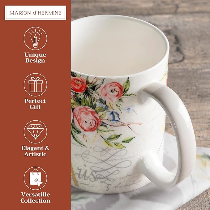 Maison d' Hermine Coffee Mug with Handles Fine Bone China Mugs Pack of One Tea Cups for Hot Beverages Cappuccino Latte Home Restaurant Office Perfect for Gift (Champ De Mars - Paris, 12 Ounce)