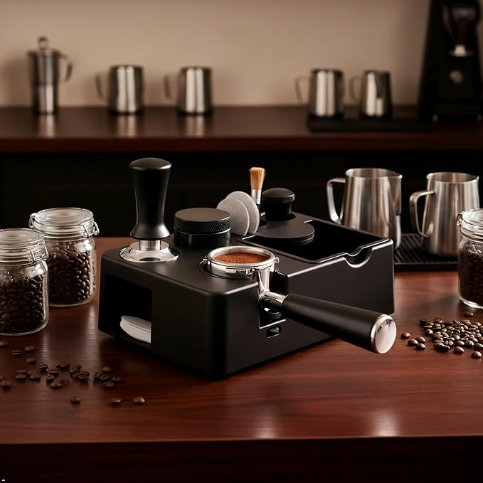 Espresso Tamping Station 10-in-1 - Knock Box Organizer for 51-58mm Portafilter (Black)