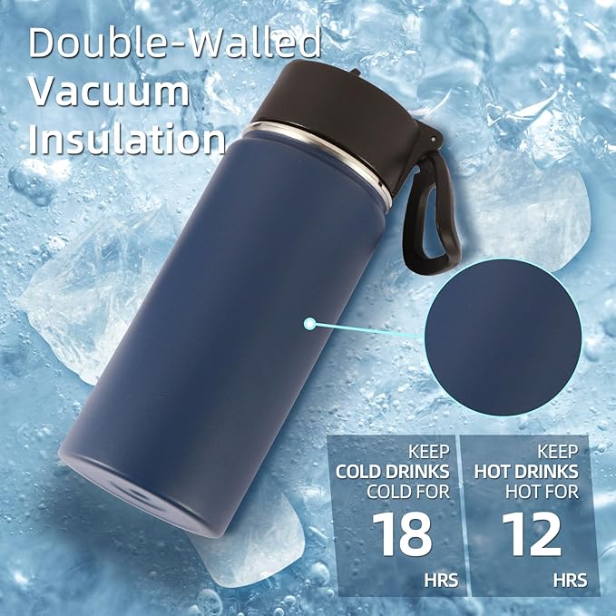 Volhoply 16 OZ Kids Water Bottle Bulk 4 Pack,Insulated Sports Bottles with Straw Lid,Stainless Steel Bottle with Handle Keep Cold & Hot,Double Wall Vacuum Tumbler Cups for School,Girls(Navy, 4)