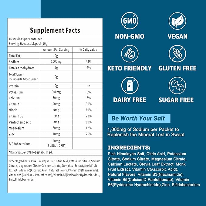 Electrolyte Powder Packets with 2 Billion CFU Probiotics - 1000mg Sodium for Rapid Hydration & Recovery - Sugar-Free Drink Mix with Pink Himalayan Salt, B-Vitamins, Zinc & Magnesium - 16 Stick Packs