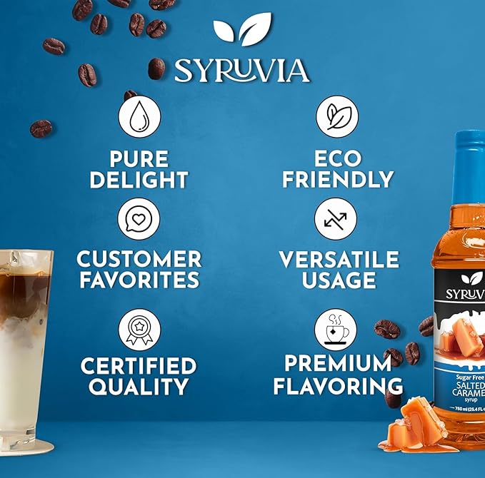 Syruvia 4 Pack Sugar-Free Salted Caramel Coffee Syrup – 25.4 fl oz - Syrup for Coffee, Lattes, Shakes, Smoothies, Desserts – 100% Vegan, Gluten Free, Kosher – No-Calorie Coffee Syrup