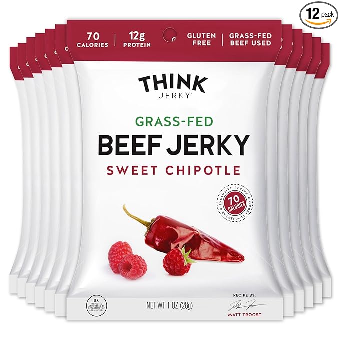 Think Jerky Sweet Chipotle Beef Jerky, Grass-Fed High Protein Beef, Gluten Free, No Antibiotics or Nitrates, Healthy Chef Crafted Recipe, Low Calorie and Low Fat - 1.0 oz Bags, 12 Pack