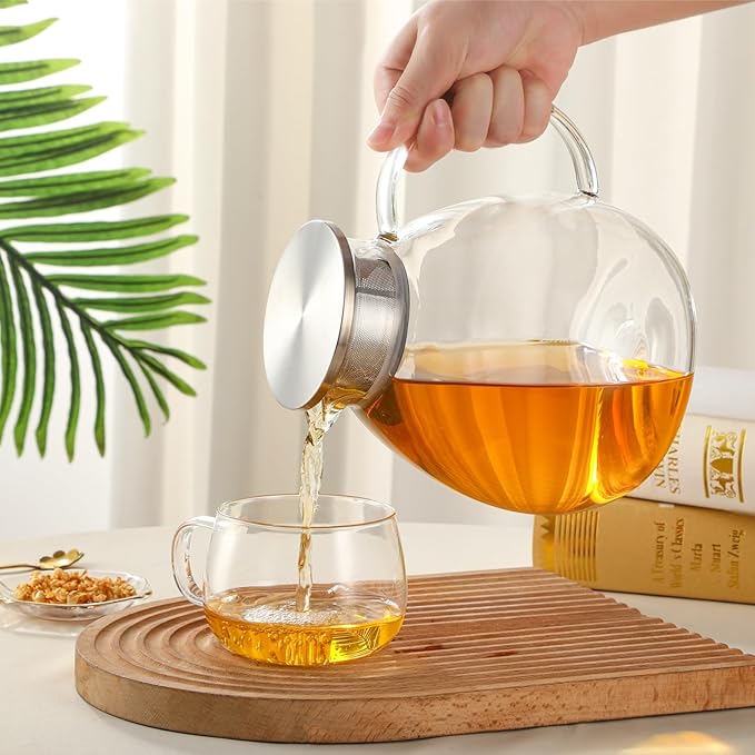 GURUDAR 68OZ/2000ML One Touch Glass Teapot with Stainless Steel Filter Lid, Stovetop & Microwave Safe Tea Maker Water Kettle, Strainer & Cover 2 in 1 Loose Leaf Tea Steeper Pot Coffee Carafe