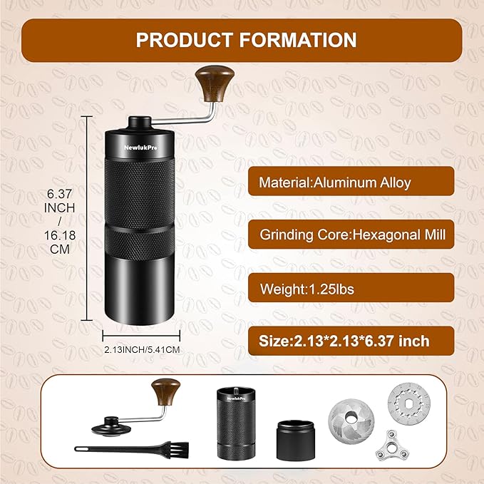 NewlukPro M6 Manual Coffee Grinder,Capacity 25g,Hand Coffee Grinder with Aluminum Body,Sharp Hexagonal Grinding Burr Core,Portable Manual Coffee Bean Grinder for Pour Over French Press Espresso