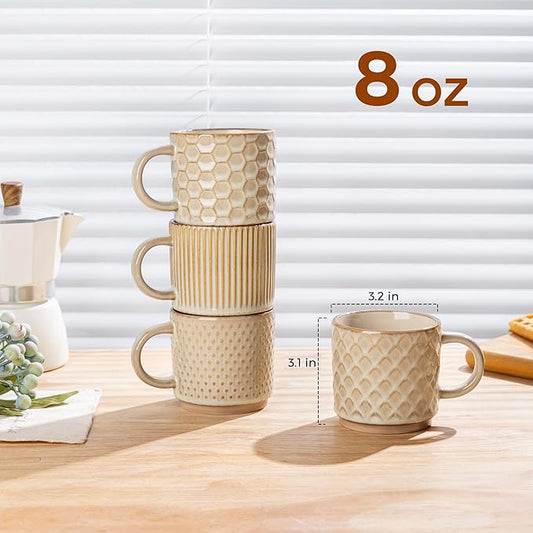GBhome 8OZ Stackable Coffee Mugs, Ceramic Coffee Mugs with Texture Patterns for Man,Woman,Dad,Mom, Modern Coffee Cups Set of 4 for Espresso/Cappuccino. Dishwasher&Microwave Safe