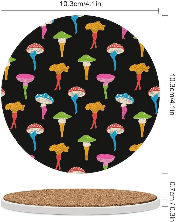 Botanical Drink Coasters, Round Ceramic Drink Coaster Round-6PCS, Cartoon Botanical Colorful Mushroom Pattern Decor Absorbent Ceramic Coasters for Beverage Cup, Bar, Coffee Table