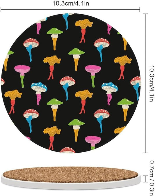Botanical Drink Coasters, Round Ceramic Drink Coaster Round-6PCS, Cartoon Botanical Colorful Mushroom Pattern Decor Absorbent Ceramic Coasters for Beverage Cup, Bar, Coffee Table