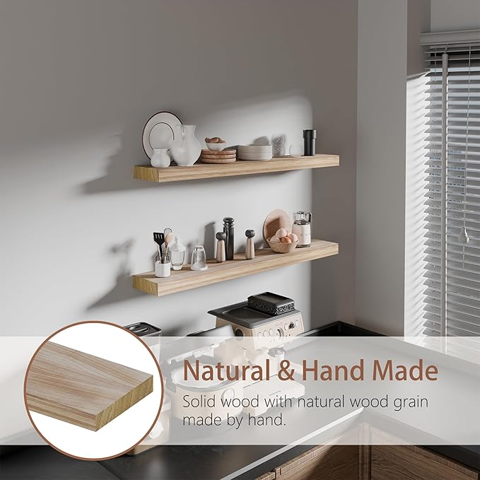 36 inch Brown Bathroom Shelves,Long Floating Shelves for Wall,Solid Wood Long Shelves Set of 2,Kitchen Wall Mounted Shelf (Brown, 36 Inch)