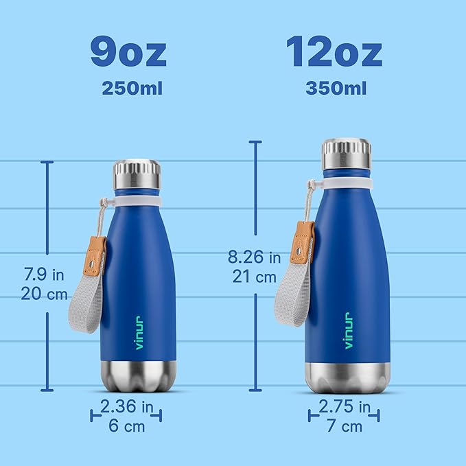 VINUR Kids Leak Proof Water Bottle-9 oz Stainless Steel Double Wall Vacuum Insulated Water Bottle for School-Cola Shape Flask with Carry Rope(Navy)