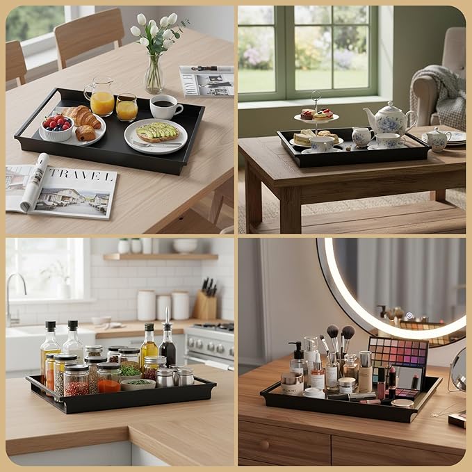 MyGift Black Metal Serving Tray with Handles - Decorative Coffee Table Tray for Ottoman, Vintage Matte Finish Vanity Tray, Trays for Coffee Table