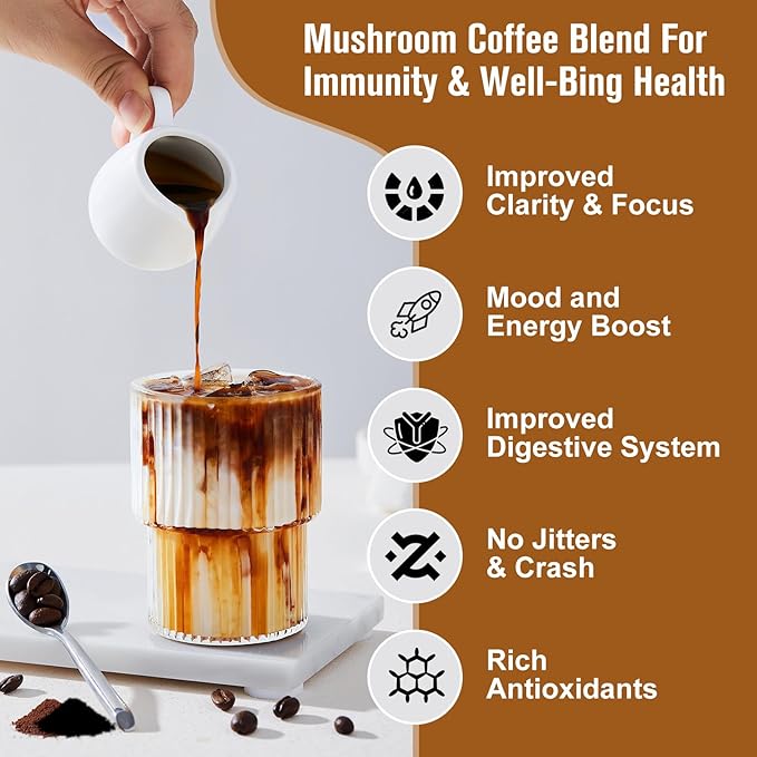 250g Mushroom Coffee - Lion's Mane Mushroom Instant Coffee Powder with Lions Mane, Reishi, Chaga, Cordyceps, Turkey Tail - Mushroom Alternative Coffe for Energy, Mental Clarity & Focus, Brain Booster