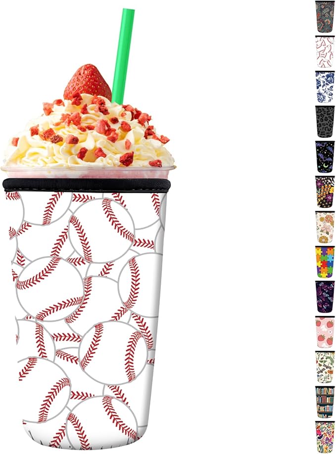 Reusable Neoprene Insulator Sleeve for Iced Coffee Cups, Medium 22-28oz Durable Drink Sleeve for Cold Beverages, Cute Beverage Holder Cup Sleeve for Women Men Cute Baseball