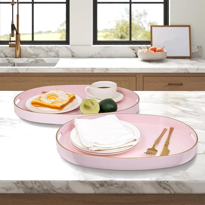 MAONAME Pink Serving Trays with Handles, Oval Decorative Trays for Coffee Table, Nesting Tray Set of 2, Plastic Vanity Tray for Ottoman, Living Room