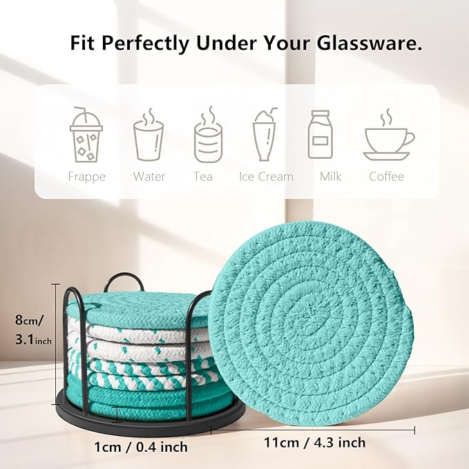 Coasters Set of 8 for Drinks, Beer, Coffee, Cotton Woven 4 Colors Absorbent Coaster with Holder, Boho Coasters for Home Decor Tabletop Protection Suitable for Kinds of Cups