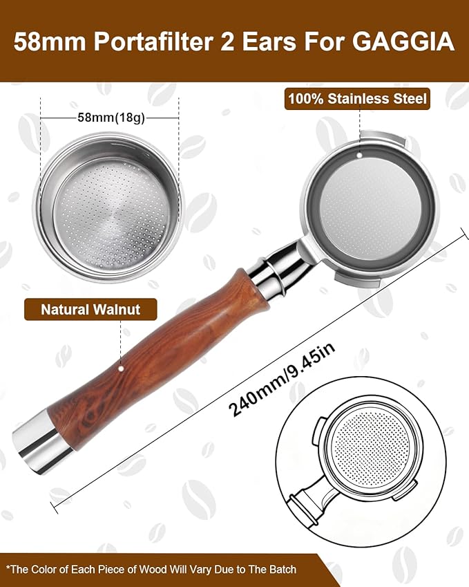 58mm Bottomless Portafilter For Gaggia, 2 Ears Slim Naked Portafilter Fits Gaggia Espresso Coffee Machines with Stainless Steel Head and 18g Filter Basket and Puck Screen - Rosewood Handle